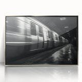 Mid-century modernist train illustration in muted grays and blues, acrylic print framed in silver.