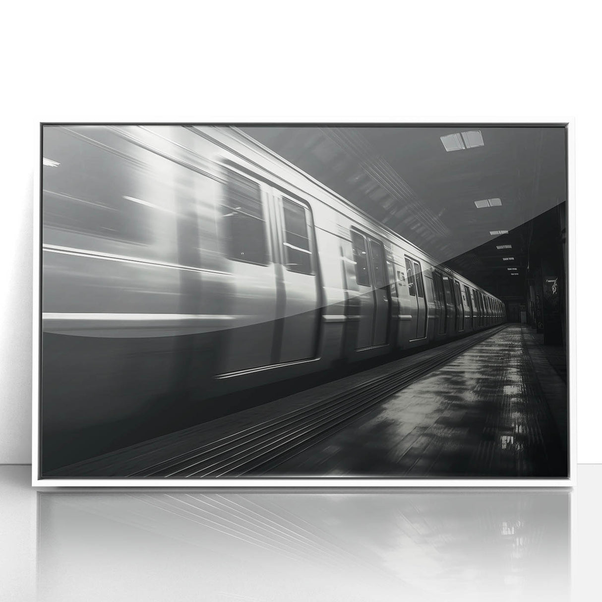 Art deco train poster in muted blue and gray, acrylic framed, ideal for modern nursery wall art.
