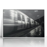 Art deco train poster in muted blue and gray, acrylic framed, ideal for modern nursery wall art.