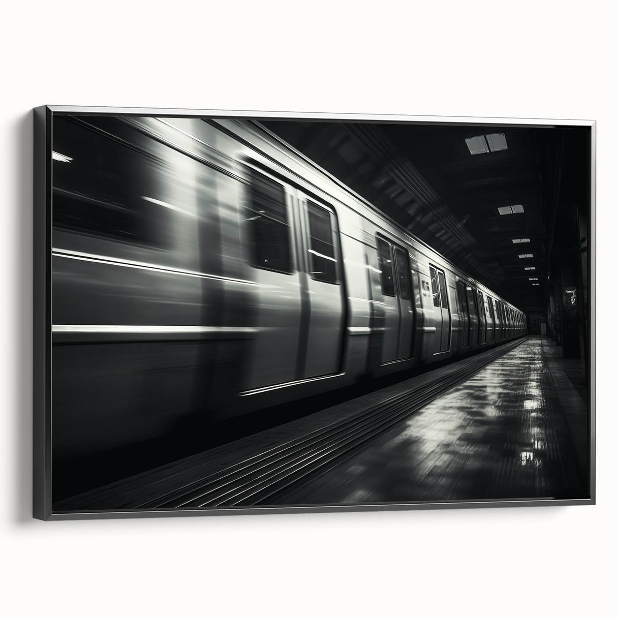 Black and white framed canvas of a vintage train in motion, ideal for bedroom wall decor.