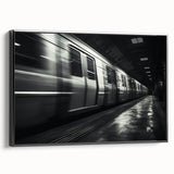 Black and white framed canvas of a vintage train in motion, ideal for bedroom wall decor.