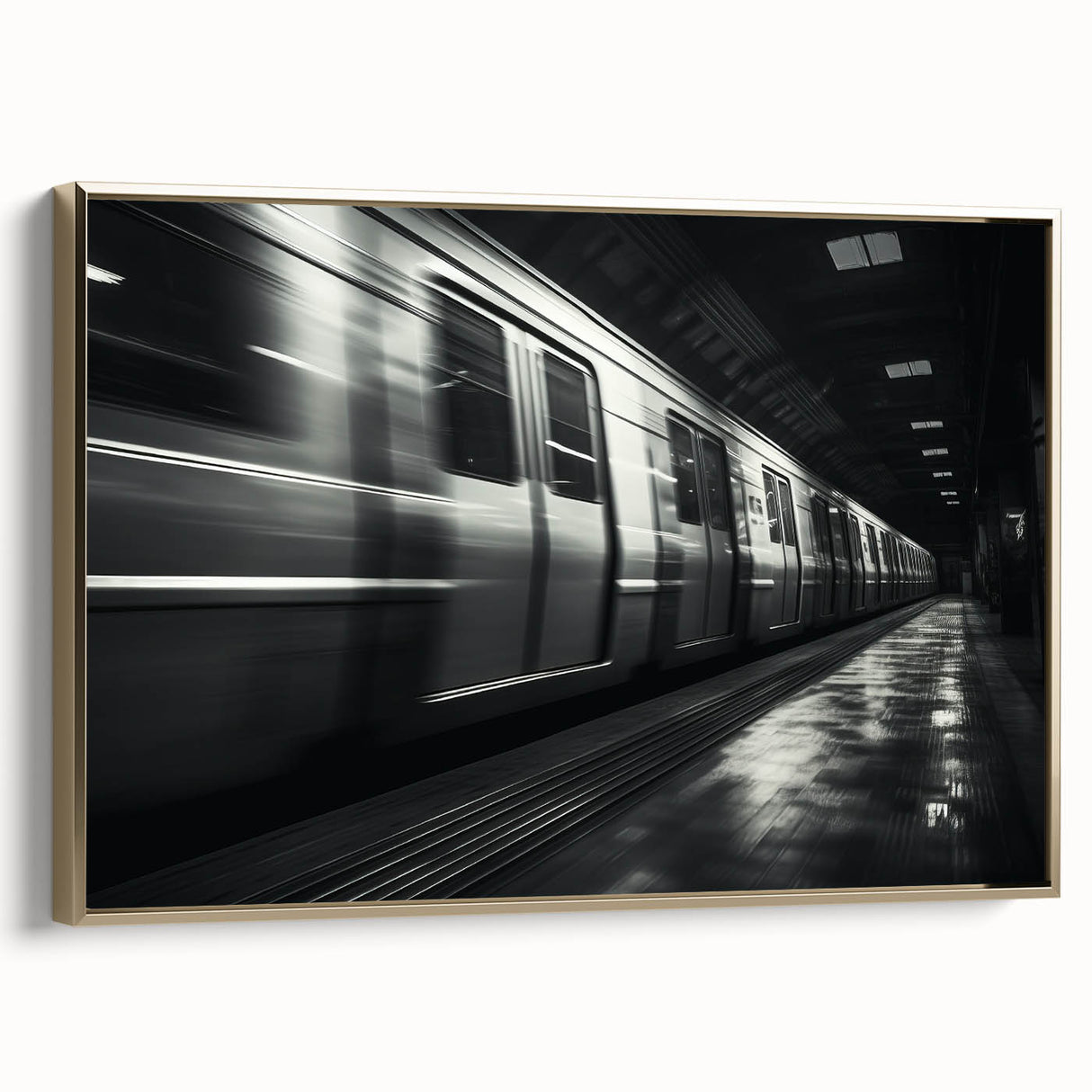 Framed canvas featuring a vintage poster of a black locomotive on a landscape background, ideal for bedroom wall art.