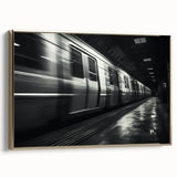 Framed canvas featuring a vintage poster of a black locomotive on a landscape background, ideal for bedroom wall art.