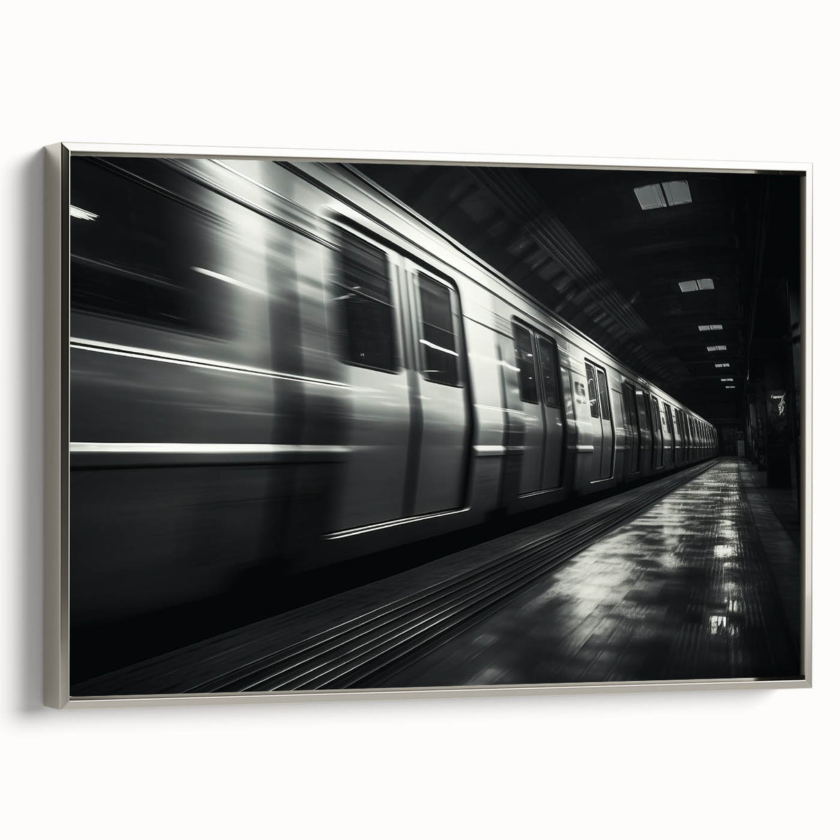 Framed canvas of a vintage train in motion, depicted in black with colorful accents, ideal for a study room or office.