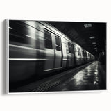 Vintage poster art of a colorful train on a black background, extra large framed canvas, ideal for living room decor.