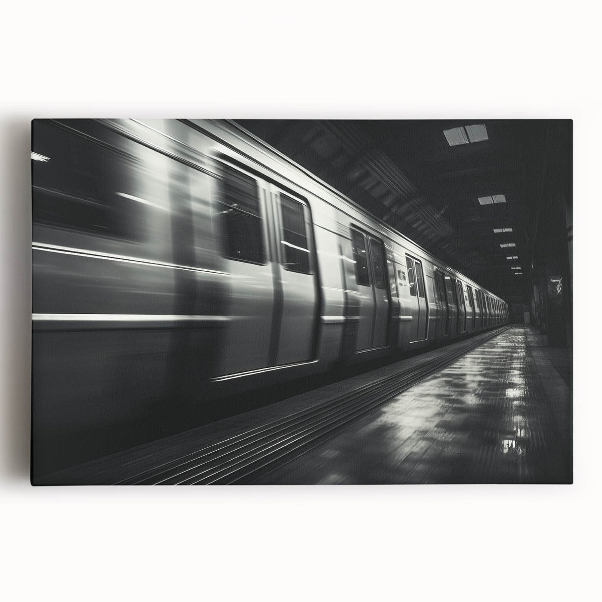 Black and white photograph of a vintage train on stretched canvas, suitable for kitchen art.