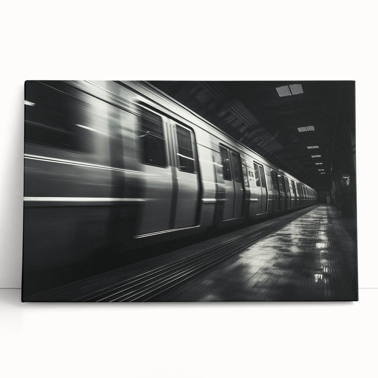 Black and white photo of a vintage train on stretched canvas, ideal for kitchen wall art or bedroom ambiance.