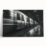 Black and white photo of a vintage train on stretched canvas, ideal for kitchen wall art or bedroom ambiance.