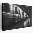 Side view of a vintage train printed on stretched canvas in muted earth tones, suitable for kitchen wall art.