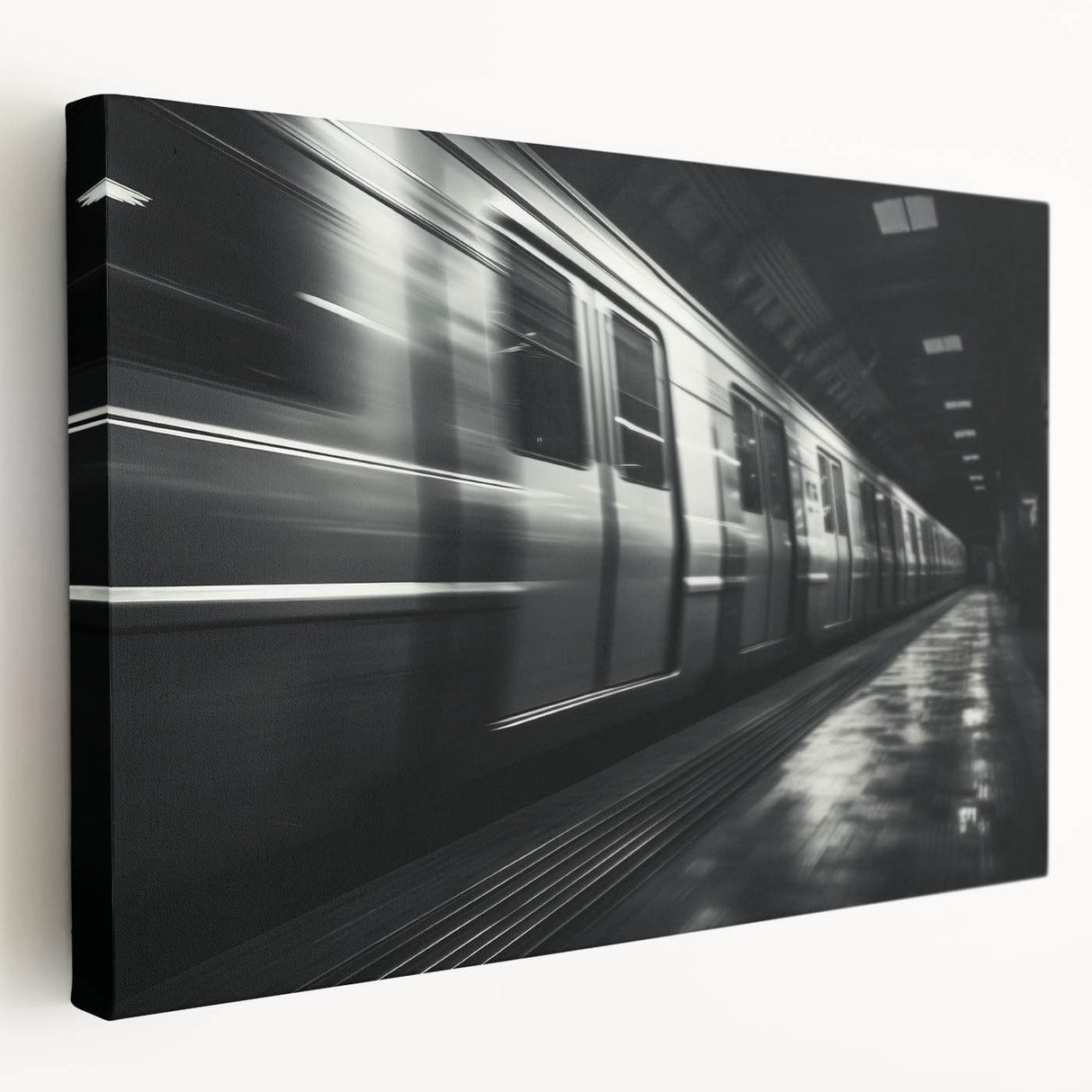 Side view of a vintage train printed on stretched canvas in muted earth tones, suitable for kitchen wall art.