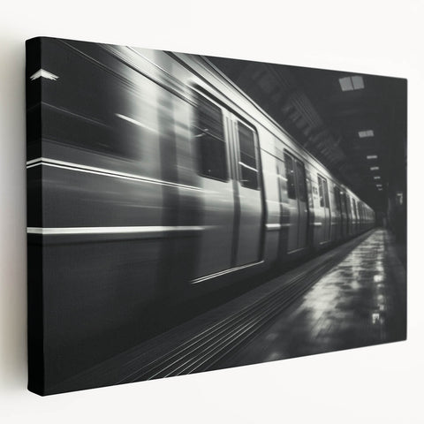 Side view of a vintage train printed on stretched canvas in muted earth tones, suitable for kitchen wall art.