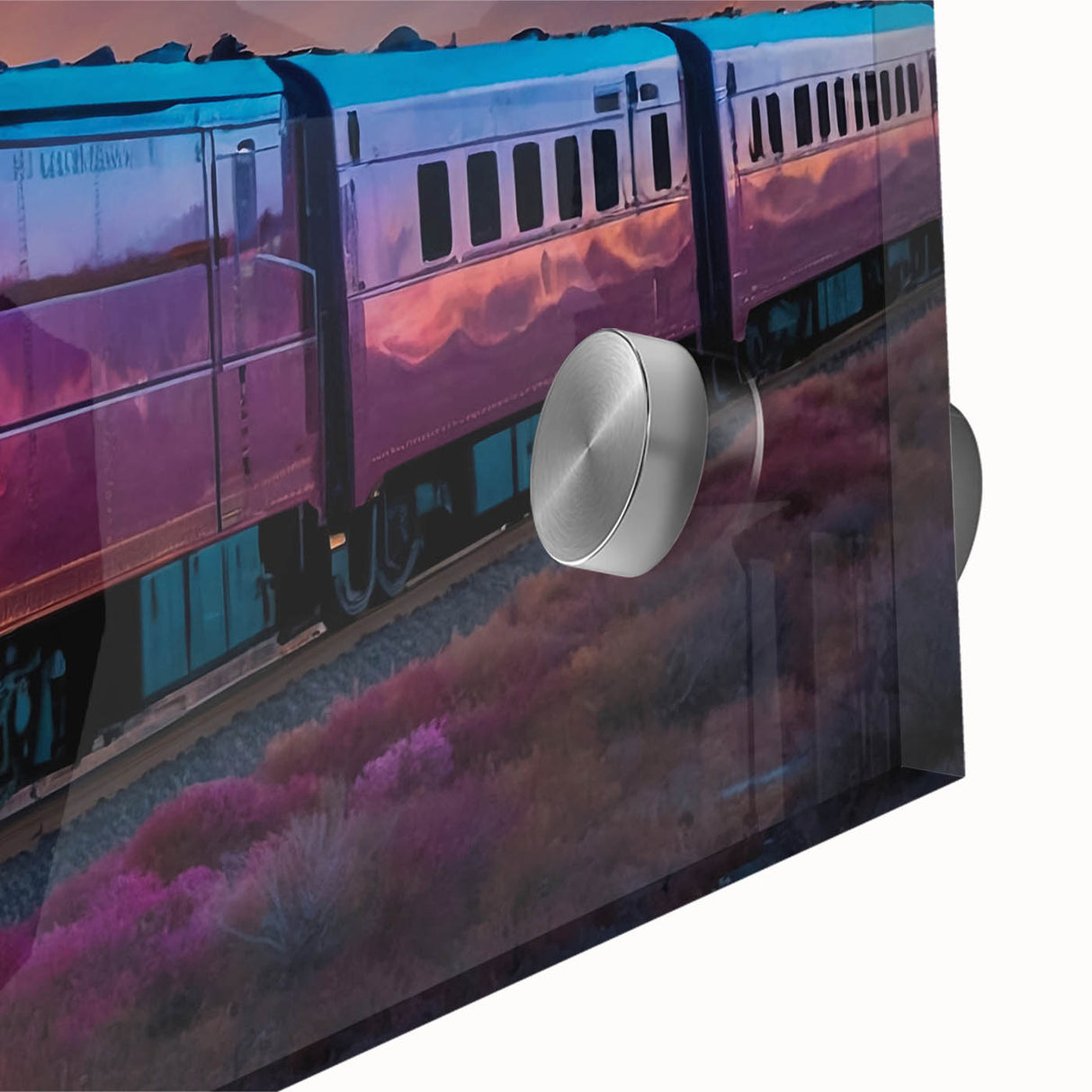 Mid-century modernist train art in muted earth tones on acrylic glass, suitable for dining room decor.