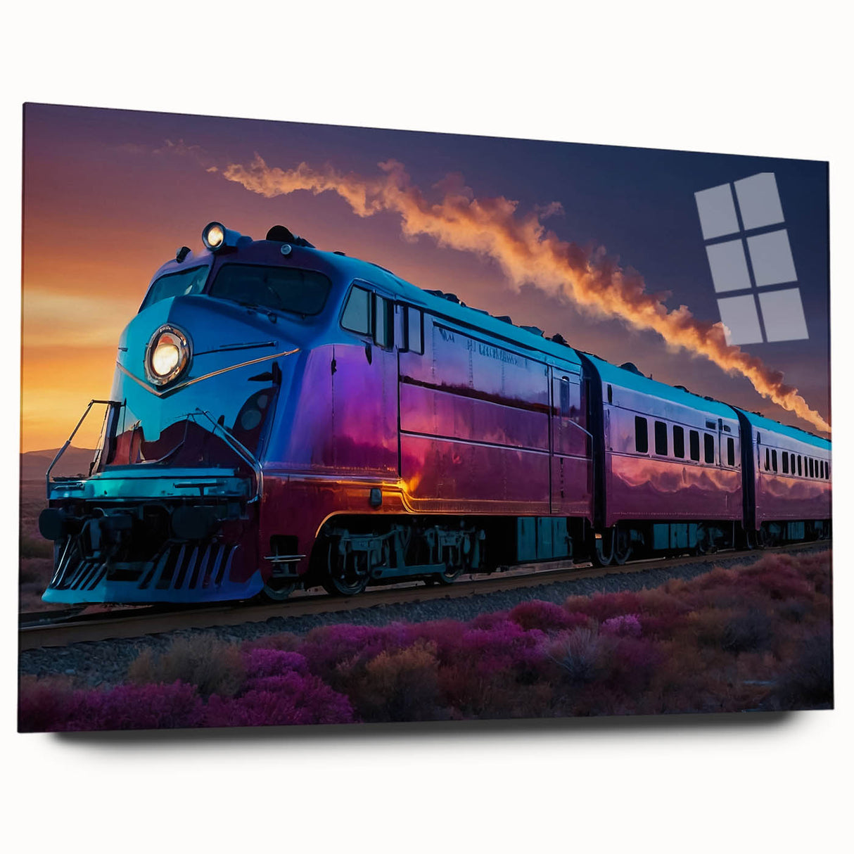 Side view of a large abstract train illustration in monochrome shades on acrylic glass.