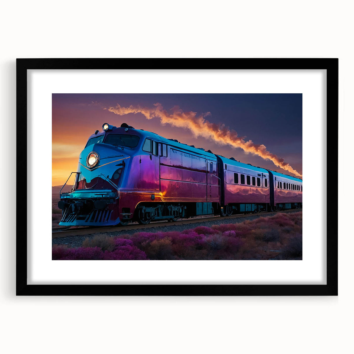 Extra large abstract art print of a colorful, textured train, in a black frame with mat, ideal for living room decor.