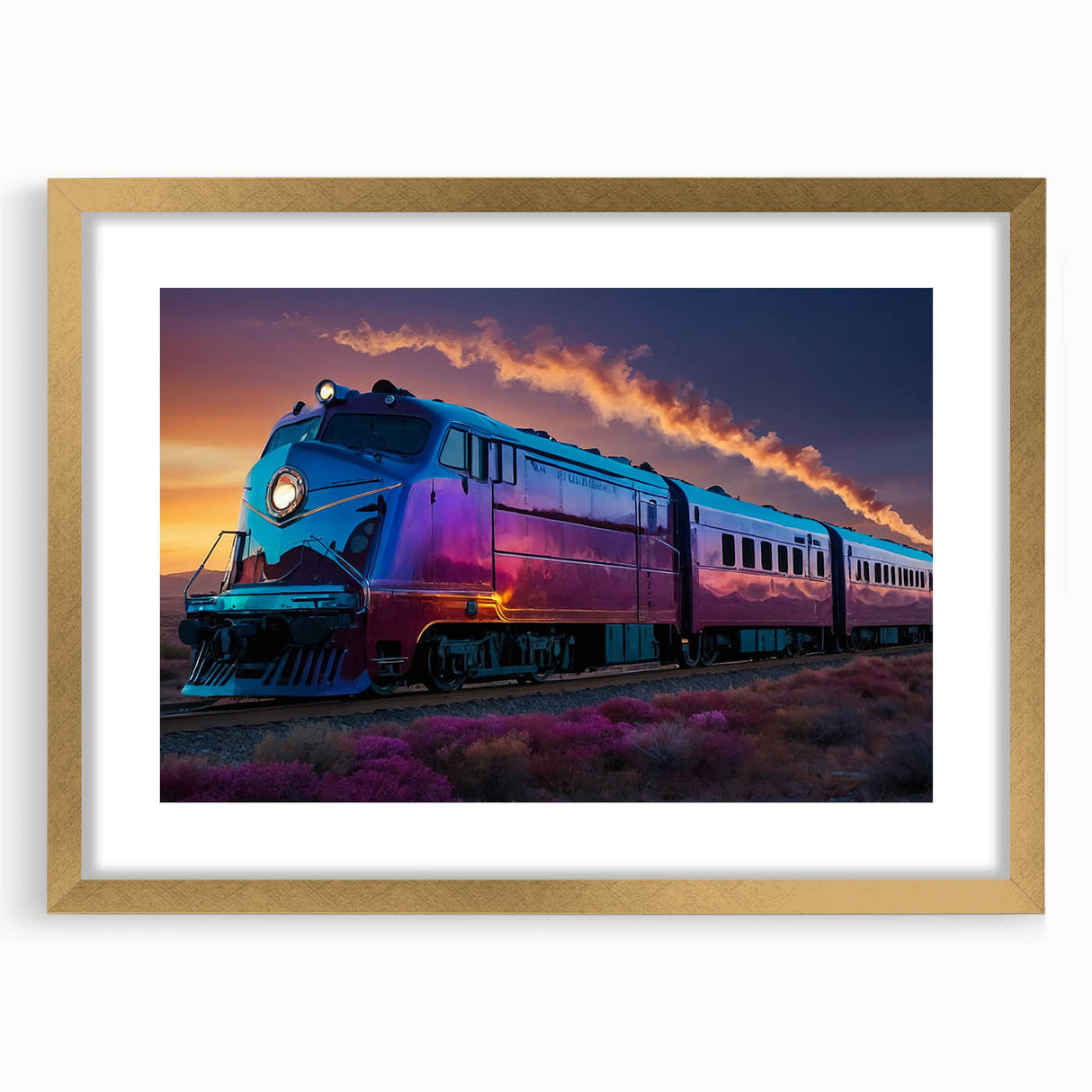 Extra large abstract art print of a textured train, in muted earth tones on a gold-framed canvas.