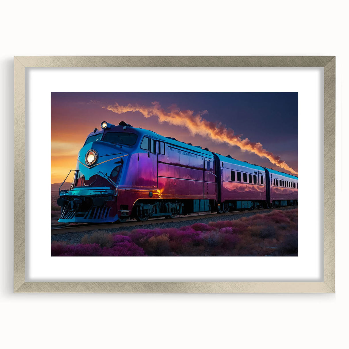 Textured art print of an abstract train design in cool gray tones on a framed canvas, suitable for bedroom art.