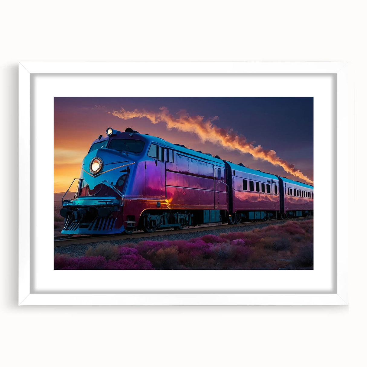 Abstract art print of a stylized train in muted gray and blue tones on a framed white mat, suitable for dining room decor.