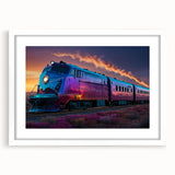 Abstract art print of a stylized train in muted gray and blue tones on a framed white mat, suitable for dining room decor.