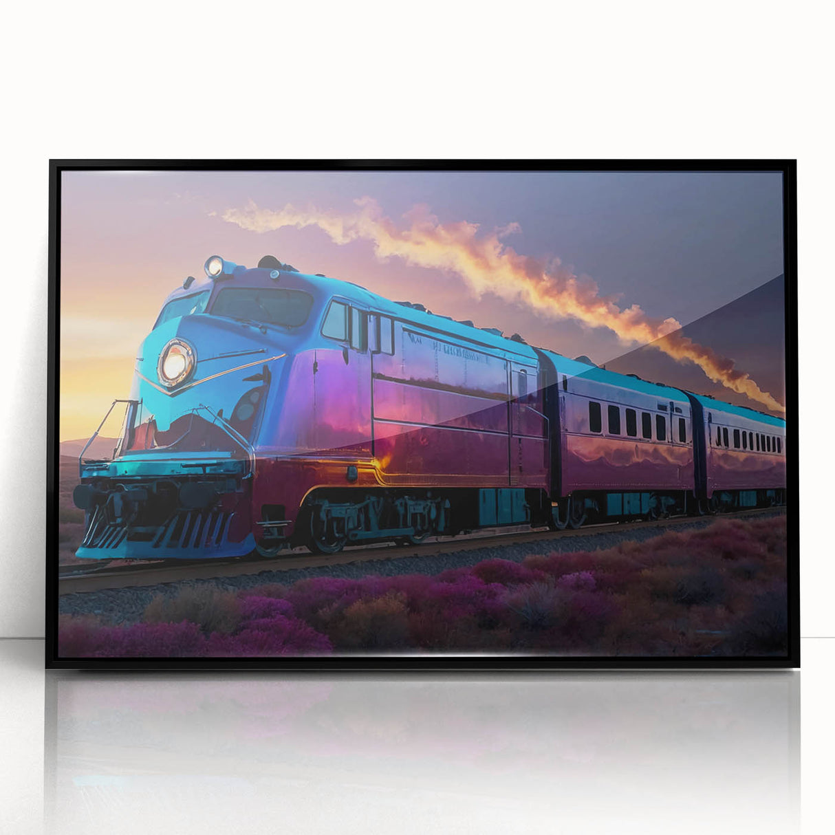 Large abstract wall art of a train in black and white acrylic print, framed, ideal for modern home decor.