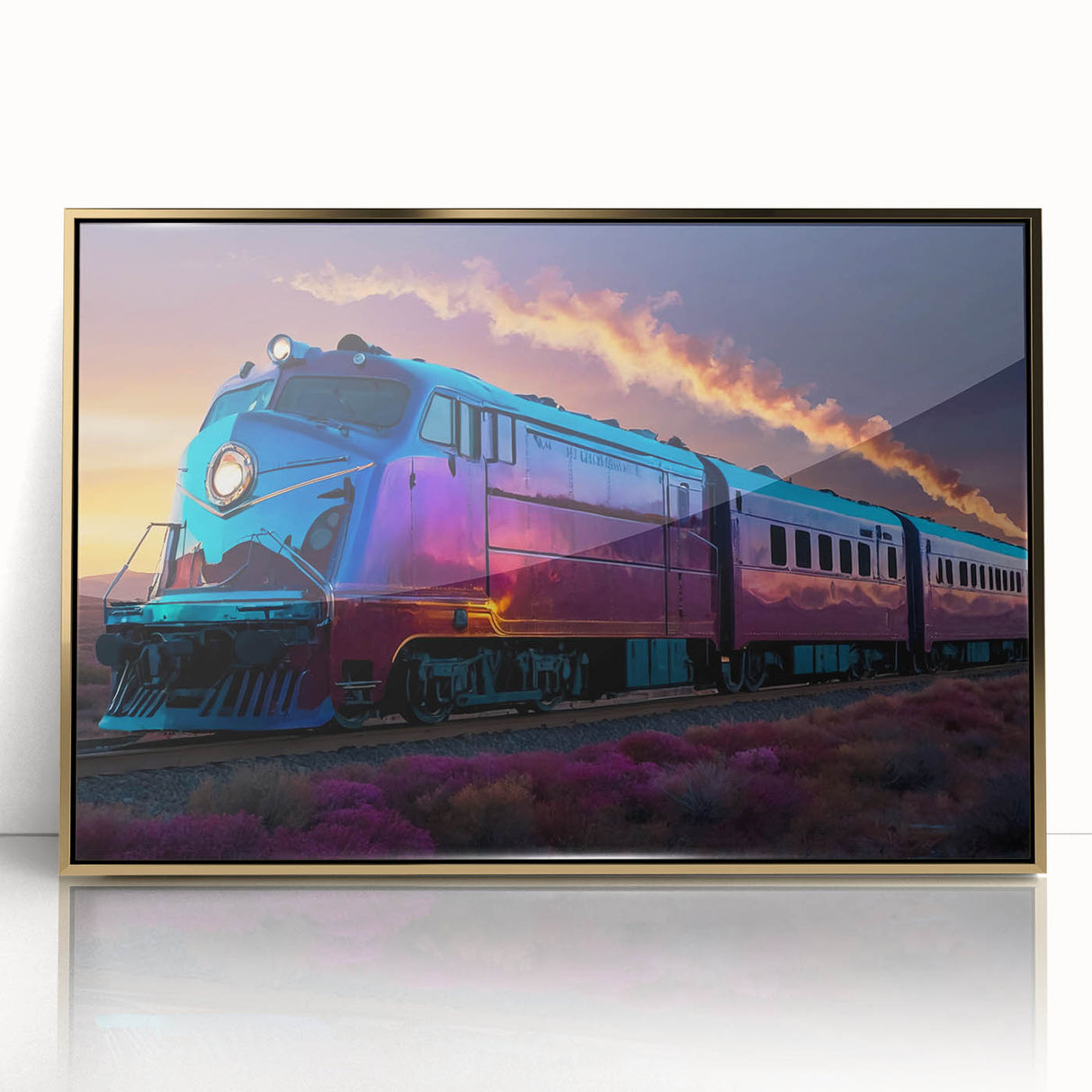 Mid-century modernist train illustration in muted colors on a framed acrylic, ideal for nursery wall decor.