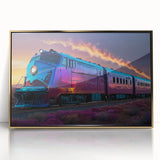 Mid-century modernist train illustration in muted colors on a framed acrylic, ideal for nursery wall decor.
