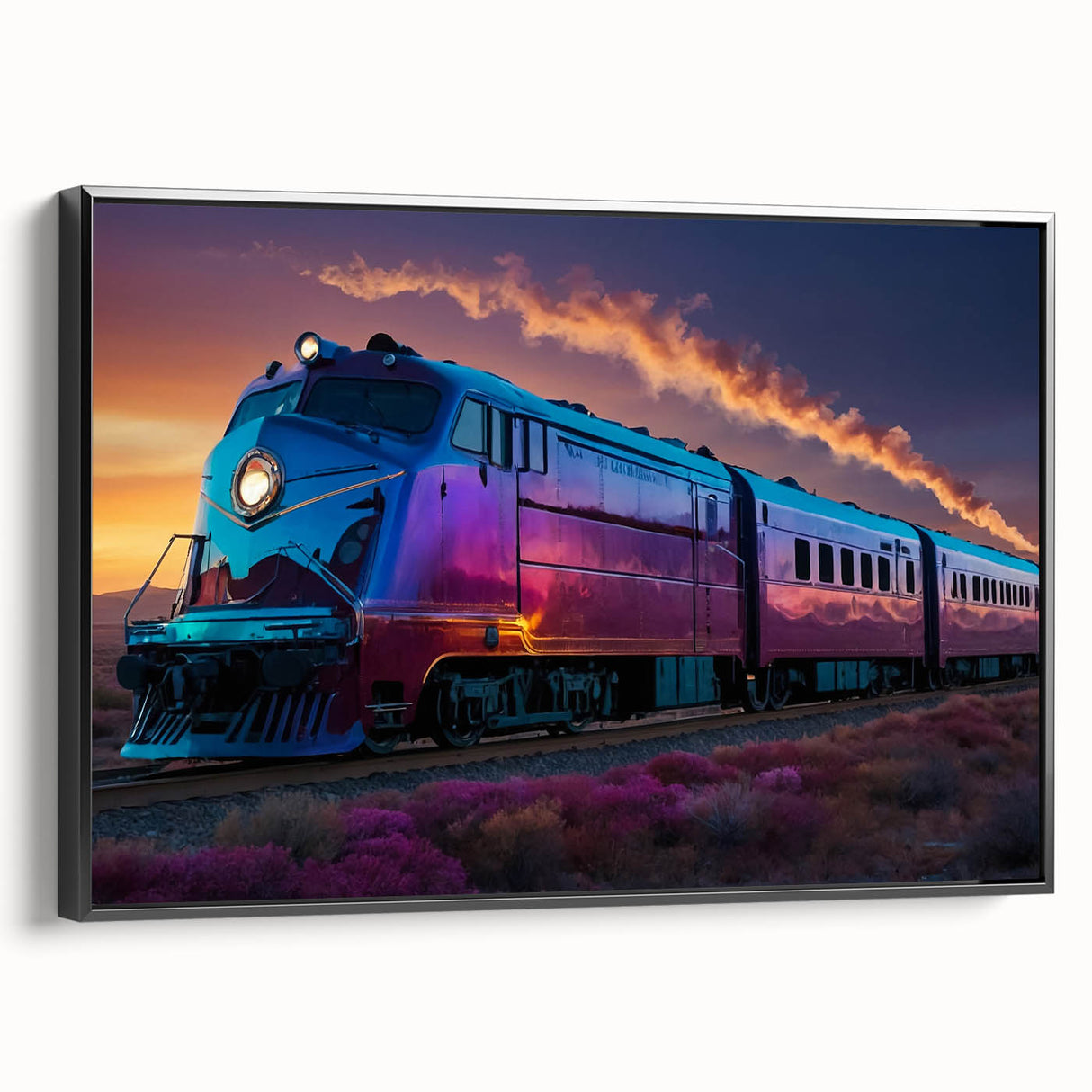 Black and white vintage train poster art on framed canvas, ideal for bedroom wall decor.