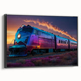 Black and white vintage train poster art on framed canvas, ideal for bedroom wall decor.