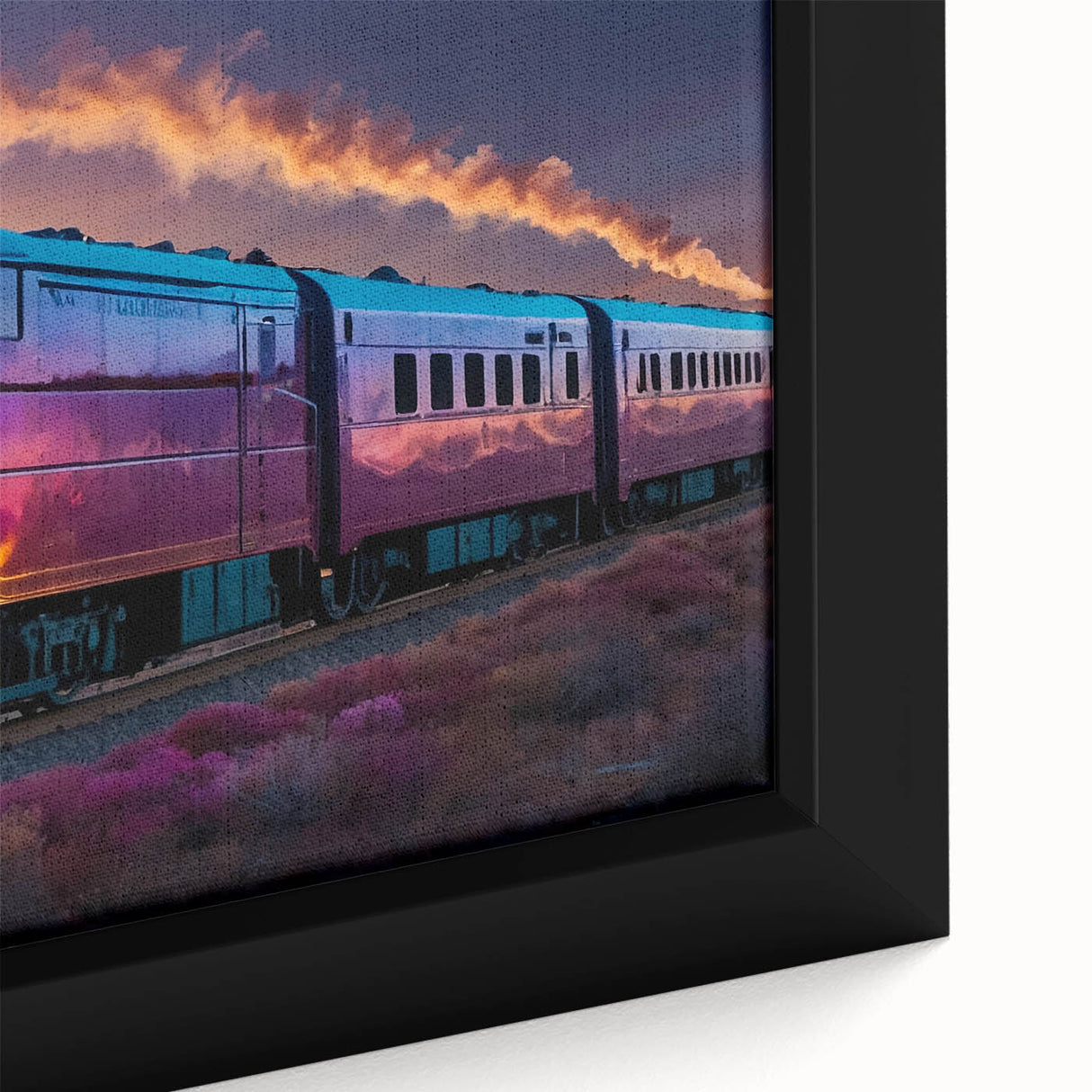 Extra large black wall art depicting a colorful, textured train on a framed canvas, suitable for living room decor.