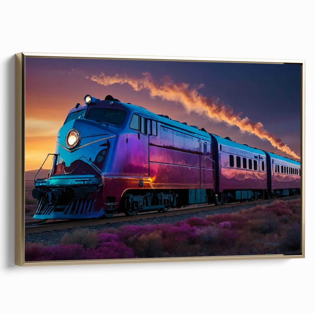 Vintage poster art of a black train in a landscape, framed canvas in gold, suitable for bedroom wall decor.