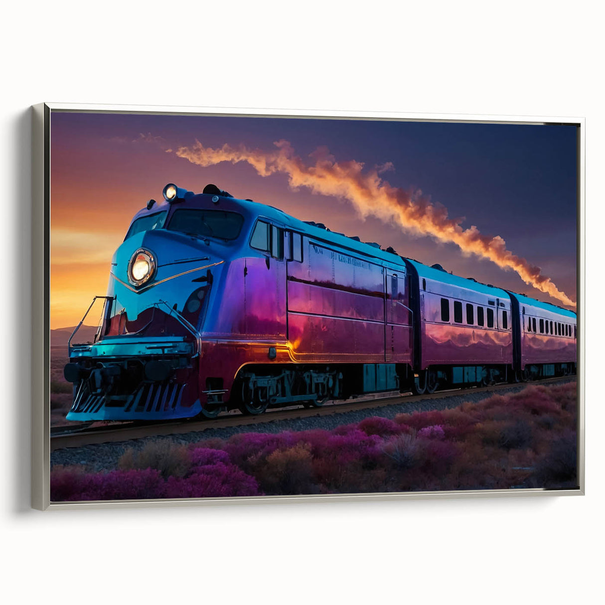 Framed canvas depicting a vintage train in a landscape, with muted earth tones and pops of blue, ideal for office decor.