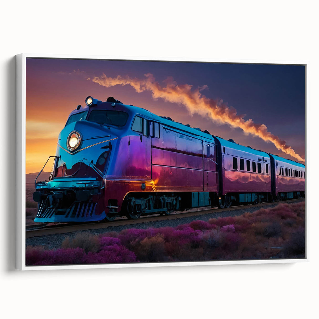 Vintage poster art of a colorful train on a black background, framed canvas, ideal for extra large living room wall art.
