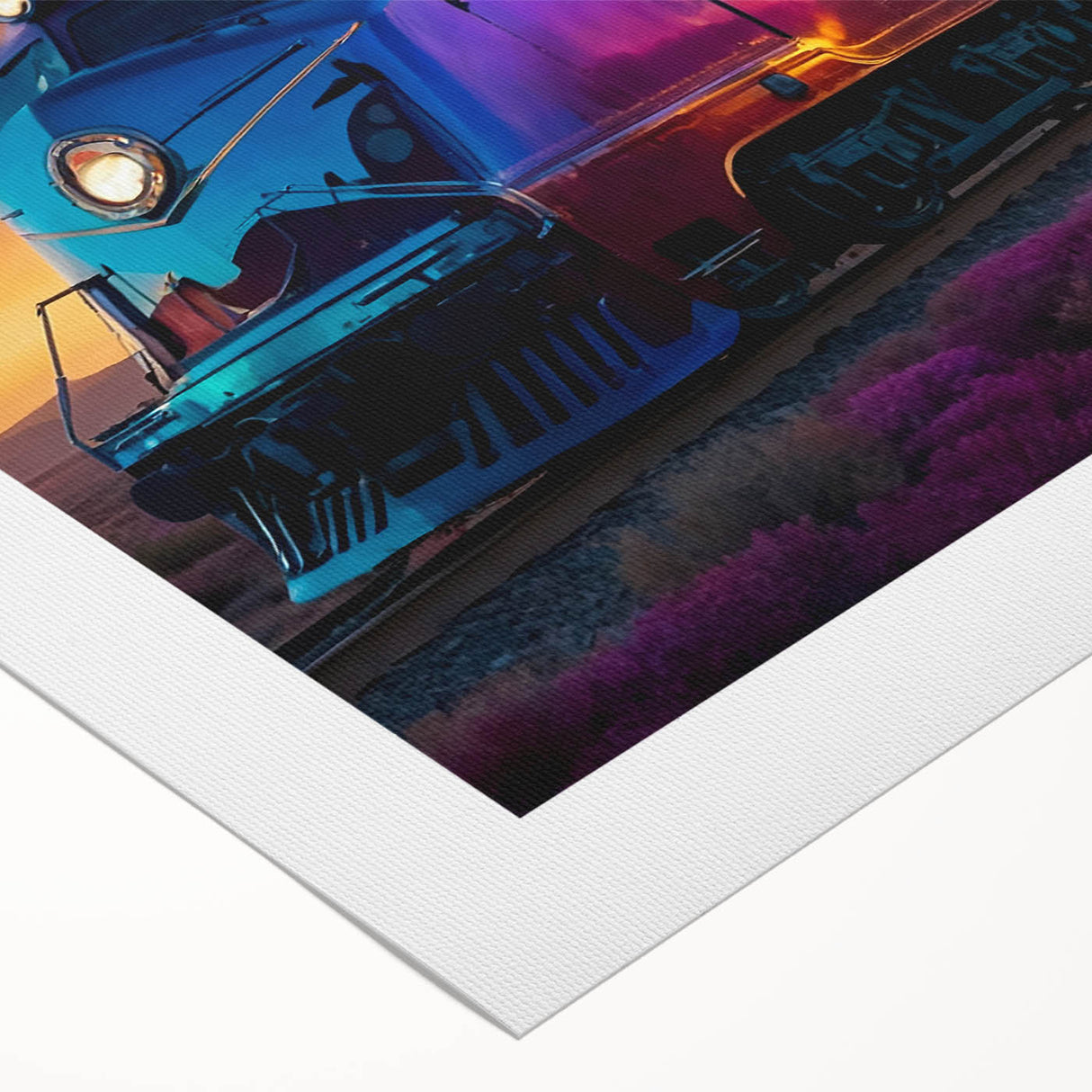 Art deco style train poster in muted gray and blue tones on rolled canvas, suitable for dining room wall art.
