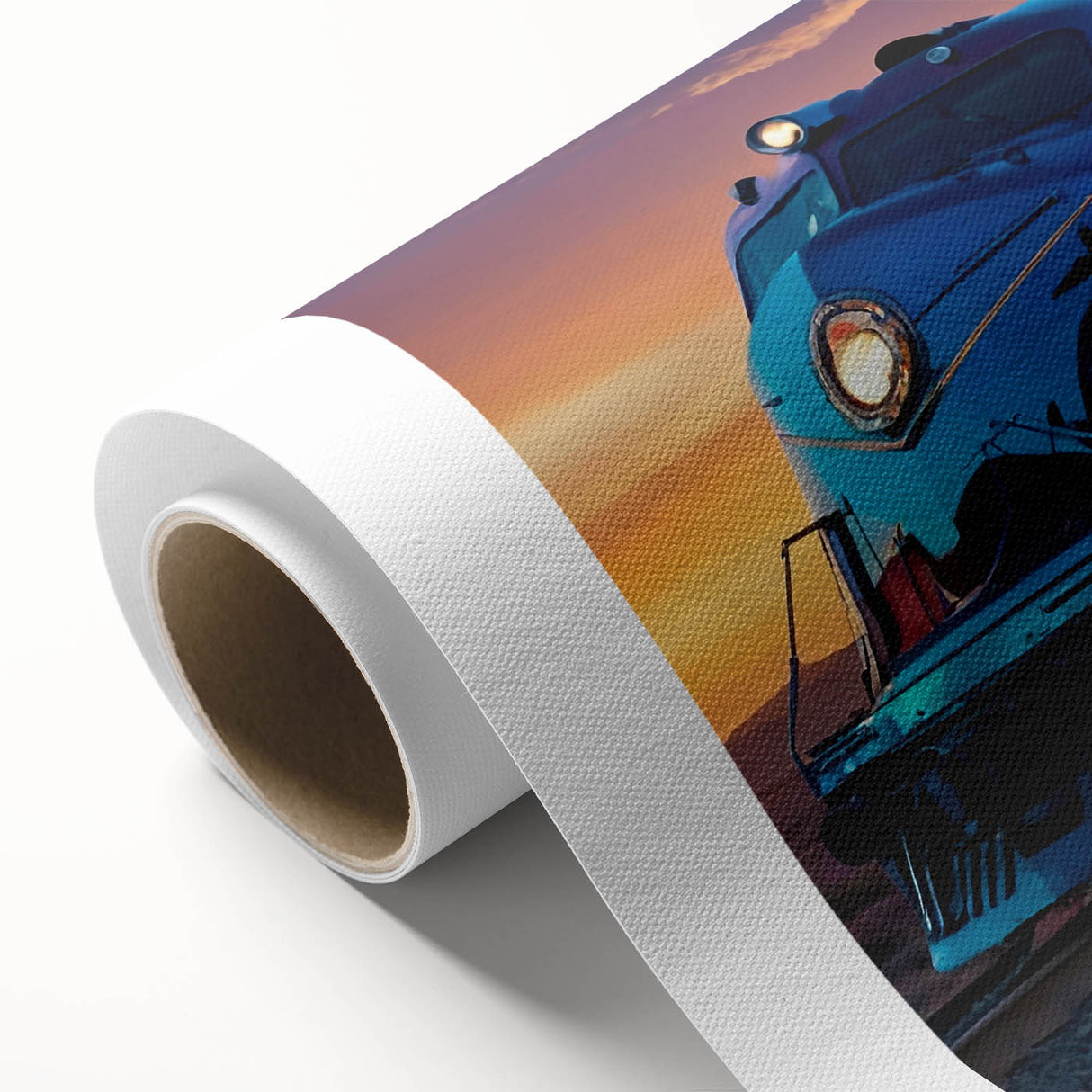 Art deco style train illustration in bold colors on rolled canvas, suitable for nursery wall art.