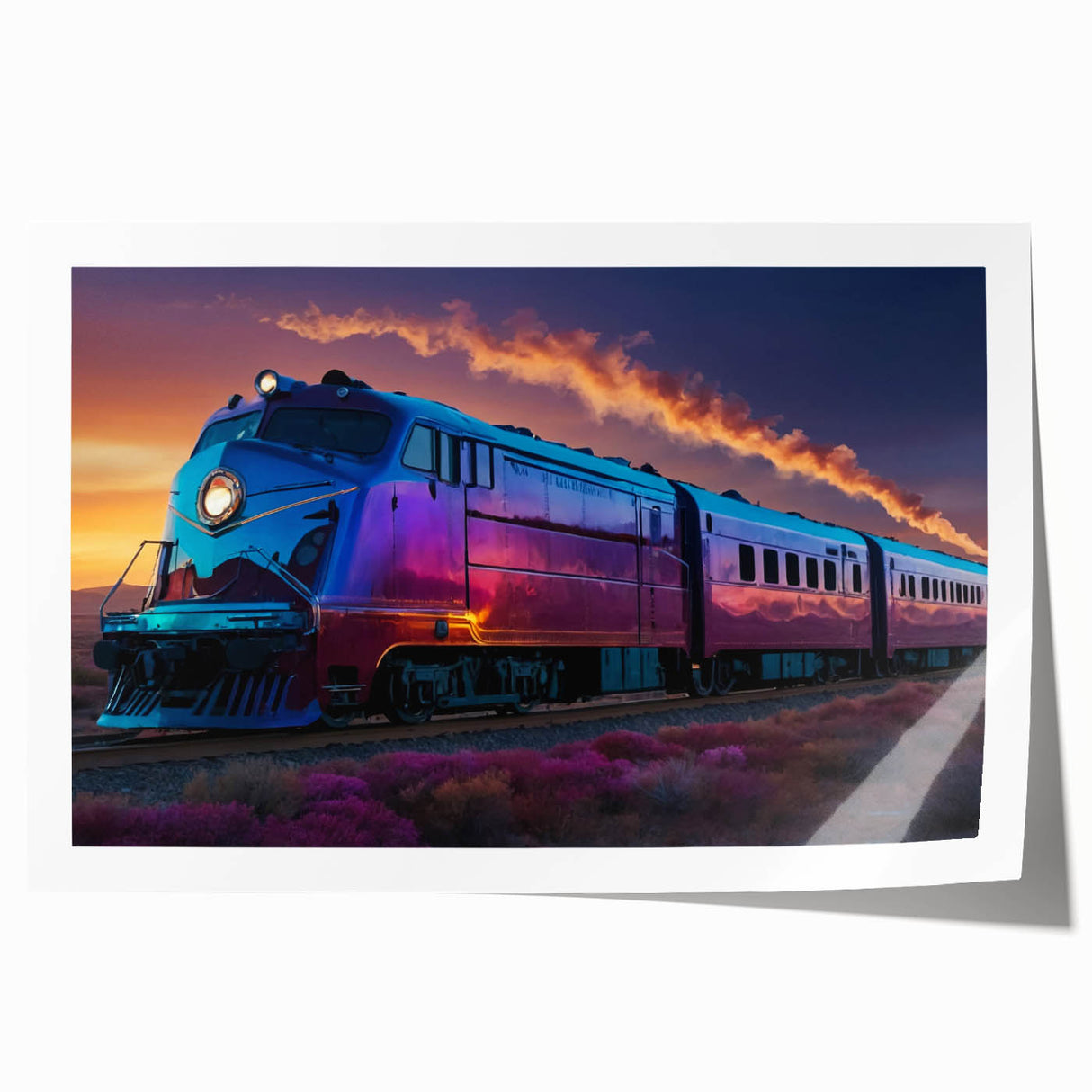 Extra large rolled print featuring a detailed illustration of a vintage train, rendered in muted earth tones.