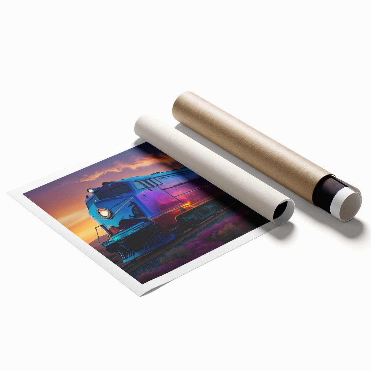 Extra large wall art featuring a detailed train illustration on rolled print, set in muted earth tones.