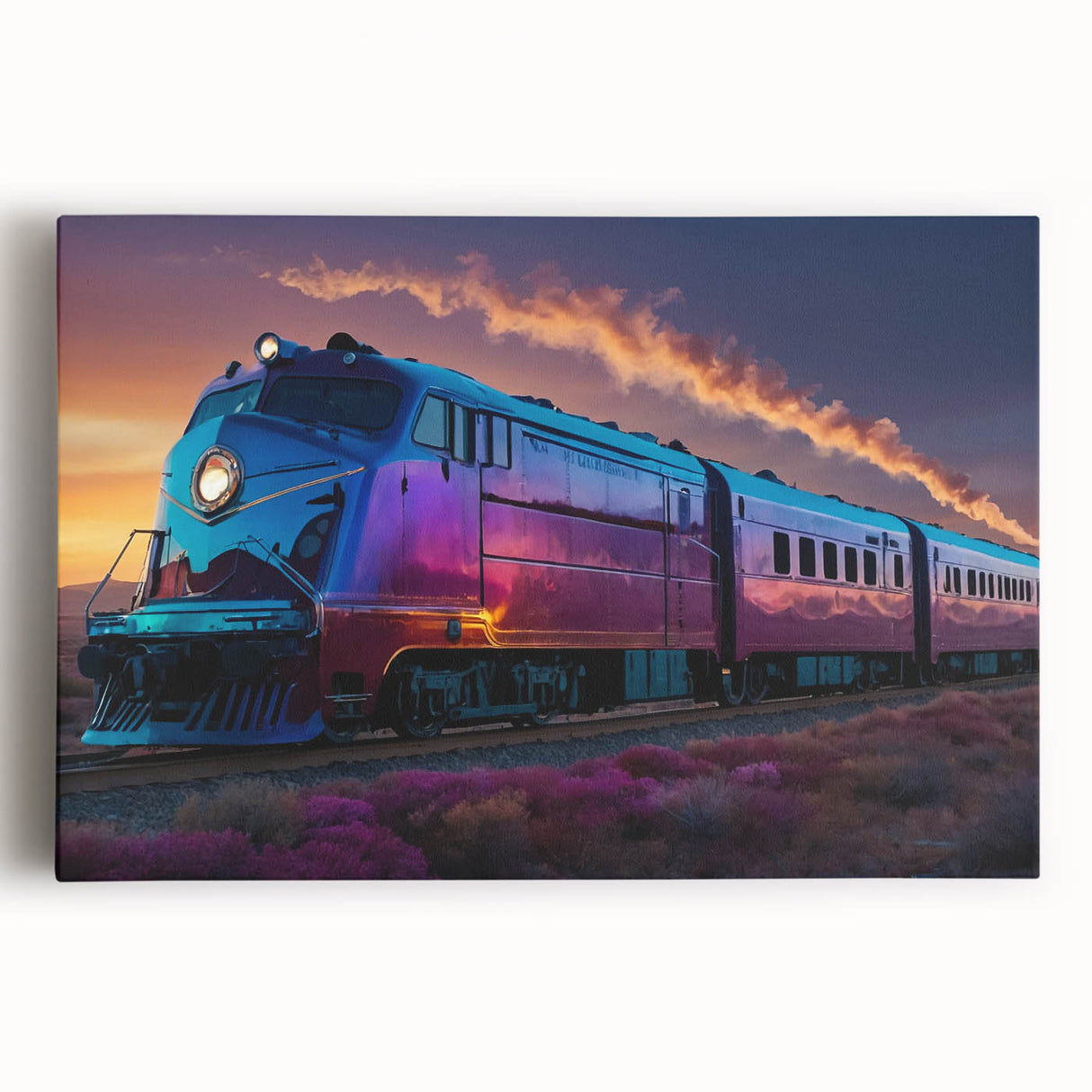 Black and white photo of a vintage train on stretched canvas, ideal for kitchen wall art.