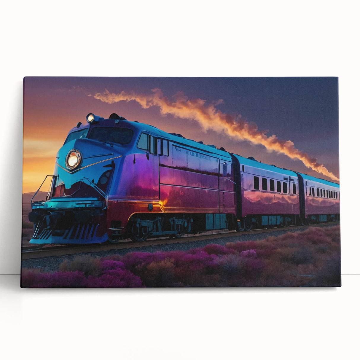 Black and white photo of a vintage train on stretched canvas, suitable as large kitchen wall art or for bedroom decor.
