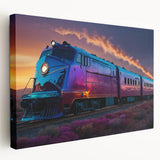 Side view of a vintage train printed on stretched canvas in muted earth tones, suitable for kitchen wall art.
