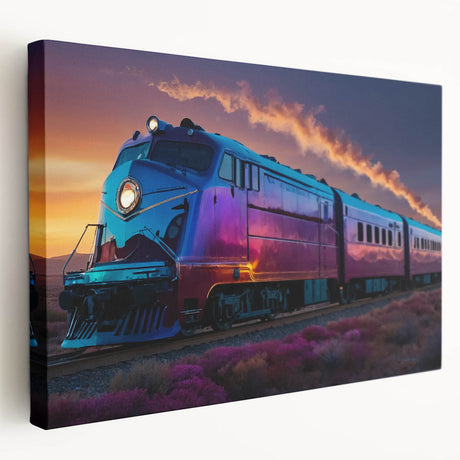 Side view of a vintage train printed on stretched canvas in muted earth tones, suitable for kitchen wall art.
