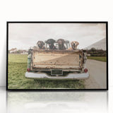 Framed acrylic print of large abstract wall art featuring mid-century modernist trucks in black and gray tones.