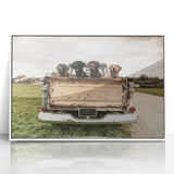 Art deco poster of colorful trucks in a row, acrylic print in white frame, suitable for nursery wall art.