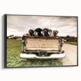 Black and white framed canvas of vintage trucks in a row, ideal for bedroom wall art with a classic theme.