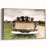 Framed canvas featuring a side view of vintage trucks in black, ideal for bedroom wall art.