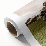 Art deco style poster of colorful trucks on rolled canvas, ideal for nursery wall art.