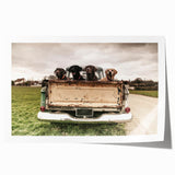Rolled print featuring a collection of vintage trucks in muted earth tones, suitable for art wall dining room.