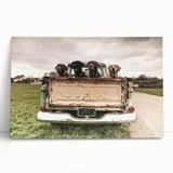 Black and white stretched canvas featuring a collection of trucks, ideal for kitchen wall art or bedroom decor.