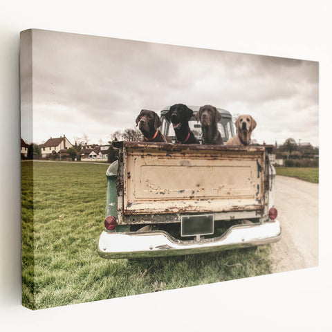 Large art print of colorful trucks in a row on stretched canvas, suited for kitchen wall art.