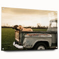 Acrylic print of a side view of colorful trucks, ideal for bedroom or dining room decor.