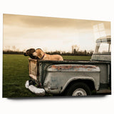 Acrylic print of a large abstract wall art featuring colorful trucks, ideal for bedroom or dining room decor.