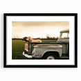 Extra large framed abstract art print featuring colorful, textured trucks, ideal for living room decor.